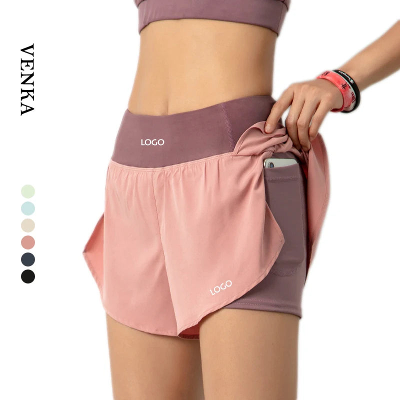 2023 Custom Print Solid Womens Running Shorts Breathable Four-Way Stretch Adjustable Elastic Band Quick Dry with Inside Pocket