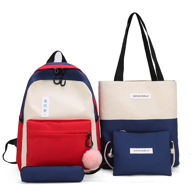 Ins Super Hot Street Students Canvas Backpack Campus Hit Color Canvas Tote Crossbody Bag Four-piece Set
