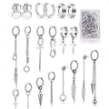 20 Pieces Korea Kpop Women Boys Punk Stainless Steel Dangle Long Chain R.GEM. Stud Huggie Hinged Hoop Earring Set