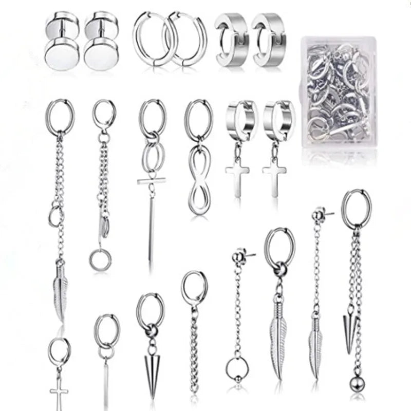20 Pieces Korea Kpop Women Boys Punk Stainless Steel Dangle Long Chain R.GEM. Stud Huggie Hinged Hoop Earring Set