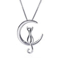QiuHan 925 Brass Silver Necklace Moon Kitten Cat Pendant Necklaces