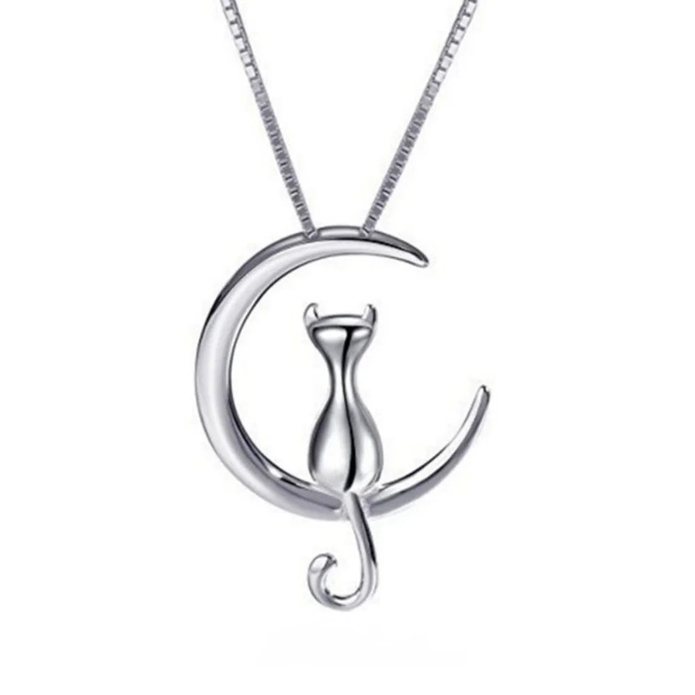 QiuHan 925 Brass Silver Necklace Moon Kitten Cat Pendant Necklaces