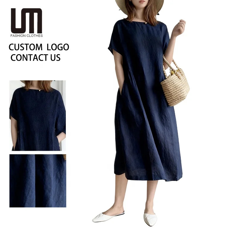 Custom Logo Hot Selling Products Summer Women Casual Oversized Loose Solid Color Short Sleeve Midi Dress