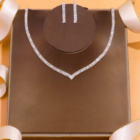 Luxury Silver Bridal Jewelry Set with Shiny Crystal Rhinestone Diamond Wedding Engagement Necklace Earrings Main Stone Zircon