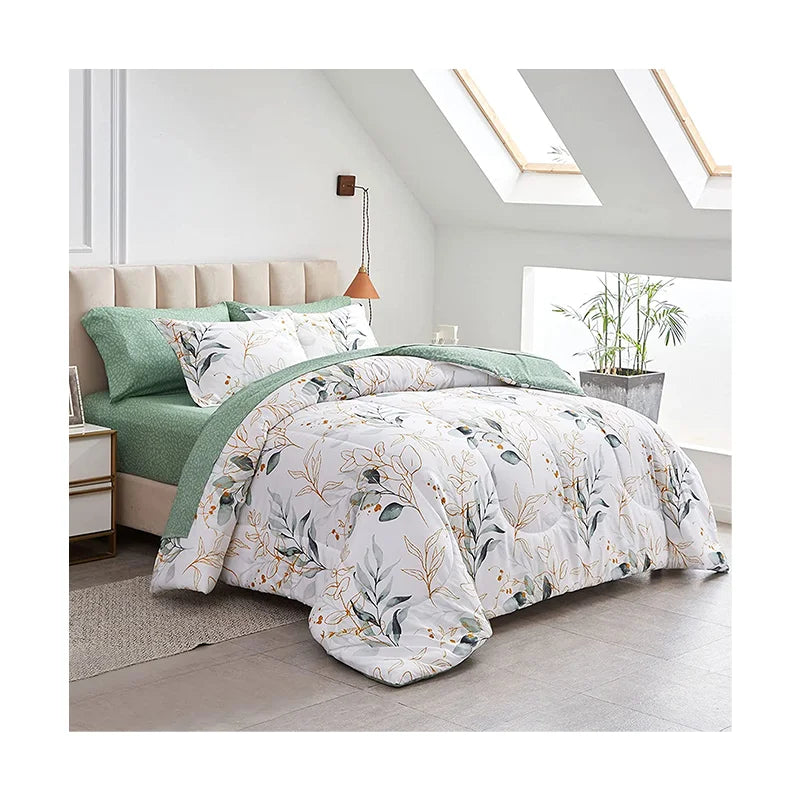 7-Piece 100% Silk Queen Bedding Set Soft Microfiber Comforter White Botanical Design Green Sheet Pillowcase Duvet Cover Sets