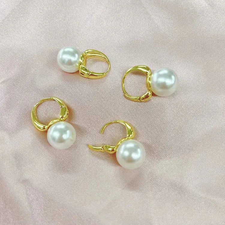 EP1030 18K Gold Silver Plated Brass Big Faux Pearl Drop Ball Huggie Dangle Earrings