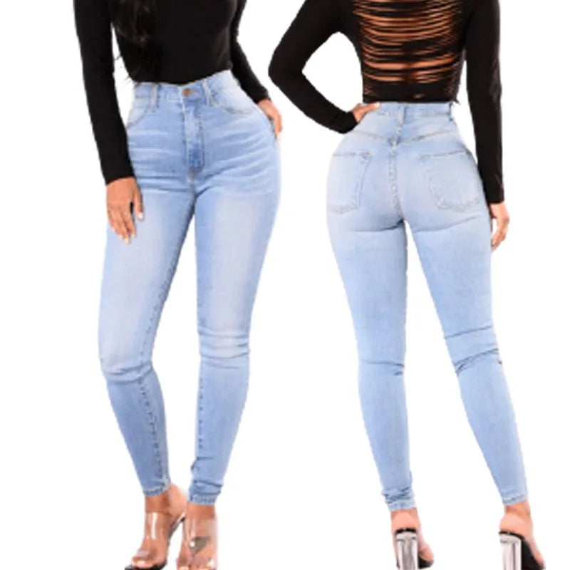 Women's Light Color Stretch Pencil Jeans Light Blue Denim Pants Slim Fit Trendy Bottoms