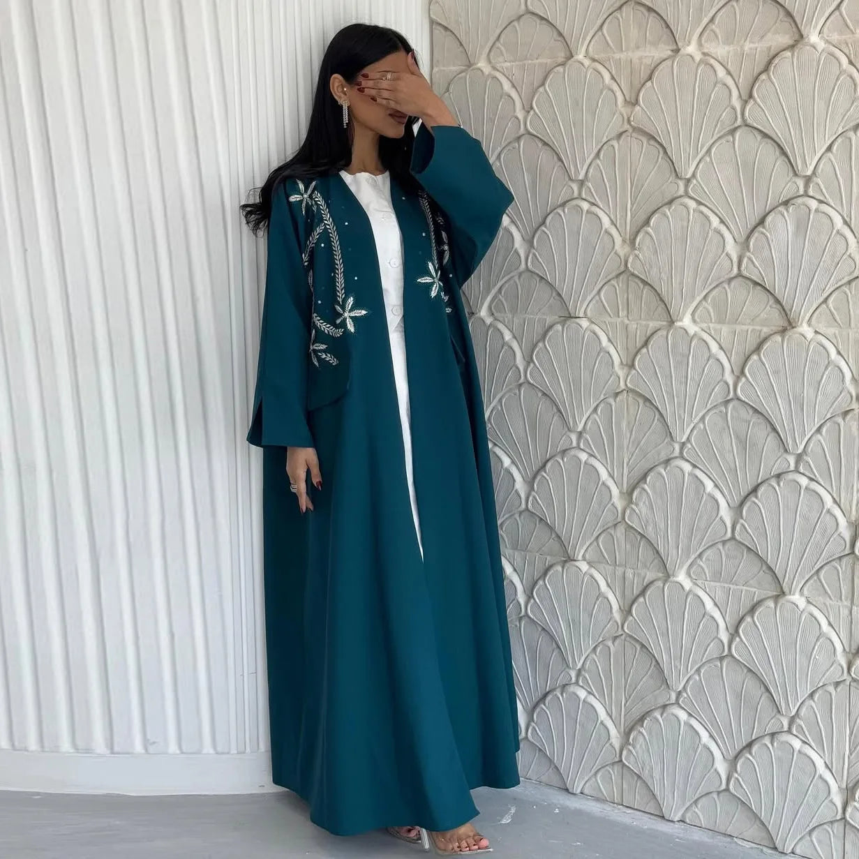 New Luxury Handmade Dubai Teal Modest Robe Muslim Women Floral Embroidery Design