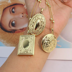 NM1298 Chunky 18K Gold Plated Flower Pattern Print Picture Photo Locket Case Pendant Chain Necklace