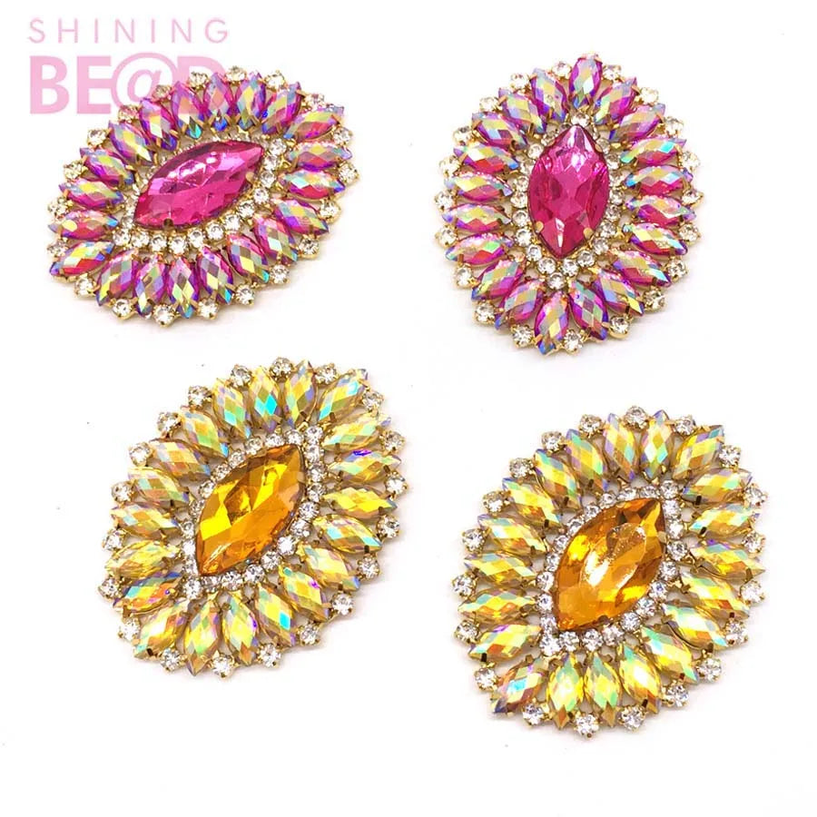 Crystal Bridal Applique Bodice Crystal Rhinestone Fabric Applique Resin Jewelry Flat Brooch Diamante Flower Patch