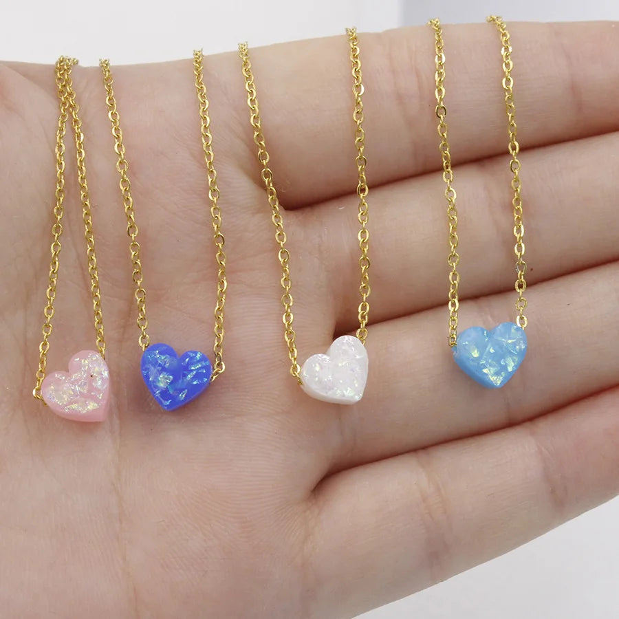 Wholesale Mix Color Gold Plated Stainless Steel Opal Love Heart Shape Pendant Necklace for Women