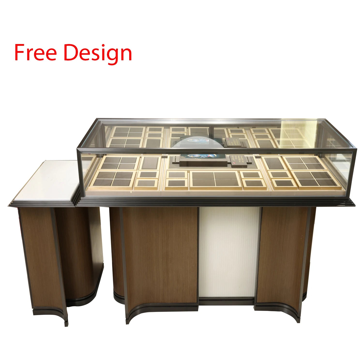 Custom Commercial High Level Stainless Steel Glass Case Cabinet Jewelry Display Table Showcase Wooden With Lights