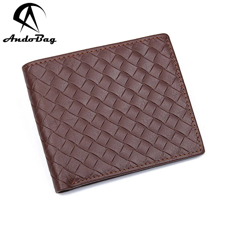 Andong Simple Oil Wax Genuine Cow Leather Wallet for Men Woven Pattern Wallets Cowhide Casual Purse Card Holder