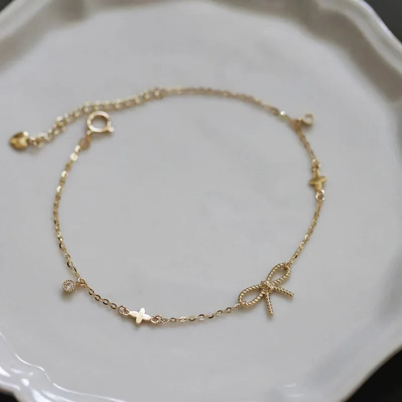 Ins New Fashion S925 Silver 14k Gold Vermail Cute Zircon Bow Knot Pendant Bracelet for Girls