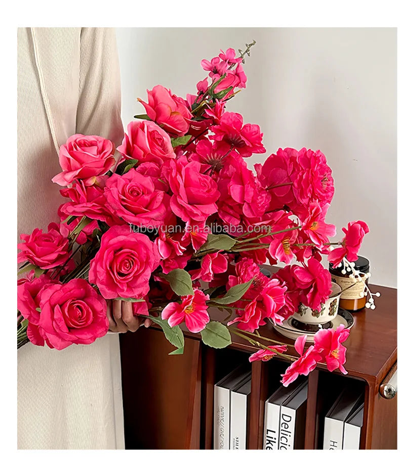 SZ04-28 High Quality Roses Artificial Flowers Home Decor Rose Flower Silk Single Hot pink Rose  for Wedding Arrangements