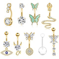 316L Steel Gold Butterfly Dangle Body Piercing Navel Ring Stud Cubic Zirconia Inlay Wedding Jewelry Add Charm Belly Ring a Set