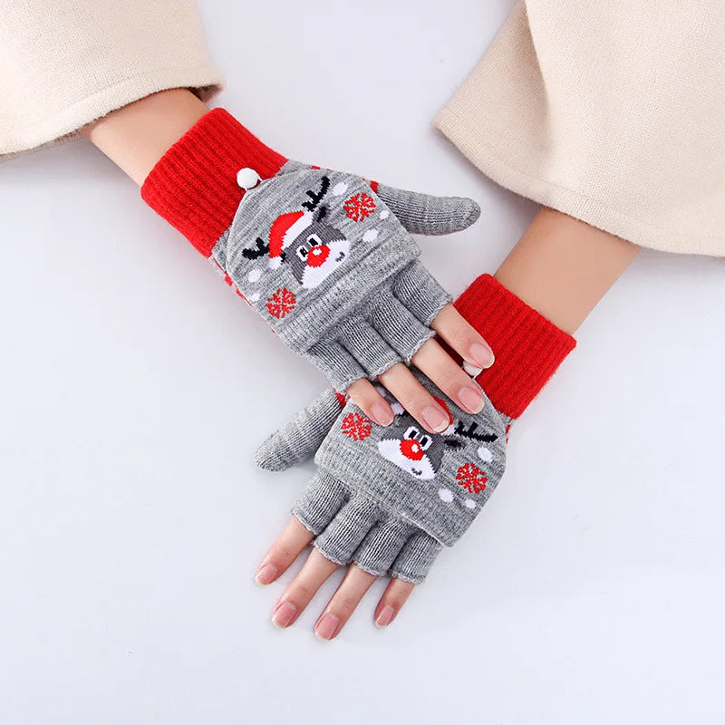 Women Men   Winter Half Finger Flap Christmas Pattern  Student Writing Game Open Finger Gloves Wholesale