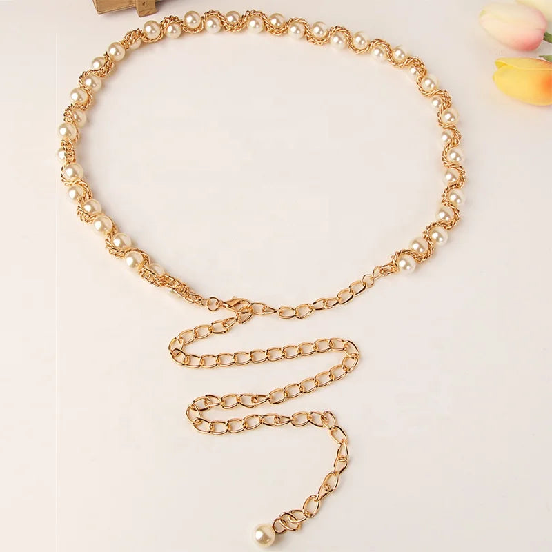 JULUN Belts for Women Pearl Lady Waist Chain Gold Metal Interwoven Faux Pearl Adjustable Tassel Dress Chain Belt
