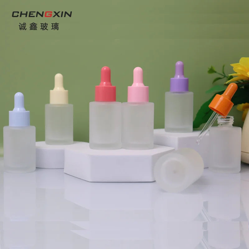 Hot Sale 30ml Frosted Glass Essence Oil Dropper Bottle Flat Shoulder Screen Printed for Face Cream Facial Cleanser & Serum