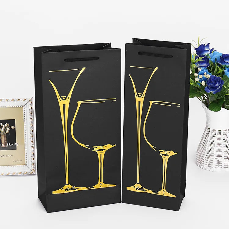 Luxury White Paper Wine Bottle Single Carrier Eco-Friendly Recycling Gold Printed Disposable Kraft Bag Classic Gift Packing