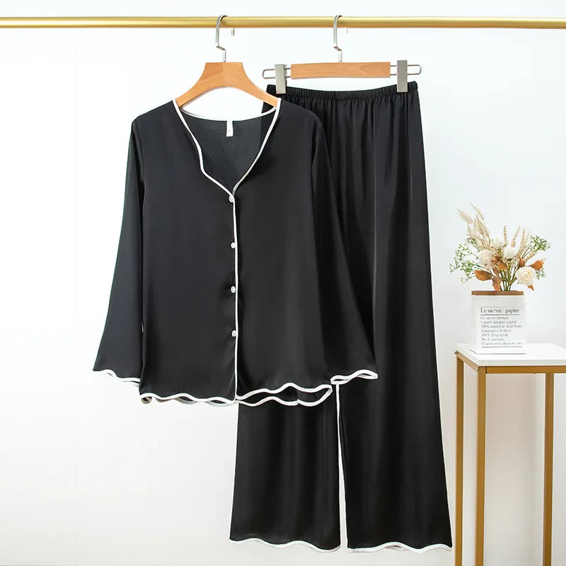 Women Printed Long Sleeve and Pants Silk Sleepwear Pyjamas Set Home Wear
