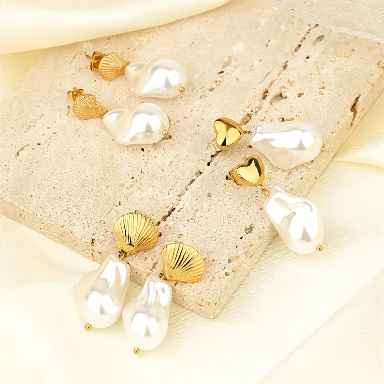 Simple Elegant Women Jewelry 18k Gold Plated Shell Pearl Stud Earring
