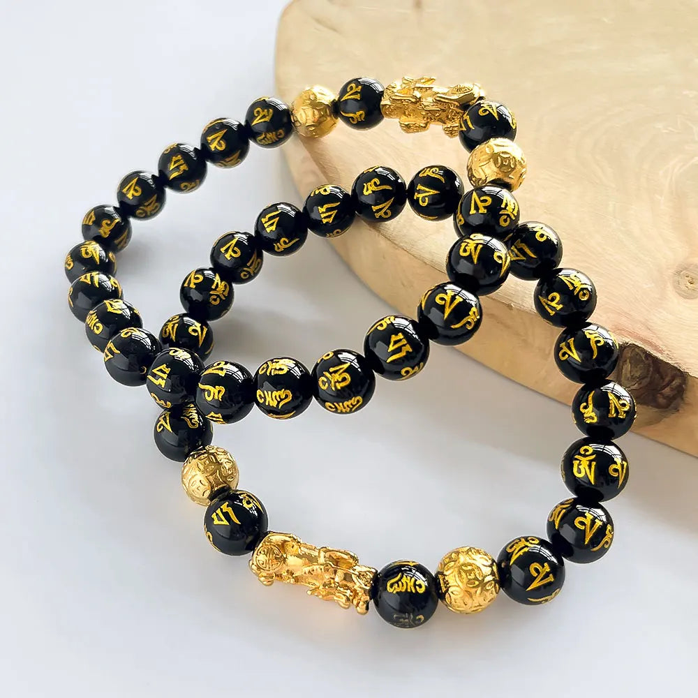 8mm Crystal Elastic Beaded Bracelet Polished Black Obsidian with Wealth Pixiu Feng Shui Protection Prosperity Good Luck Charm