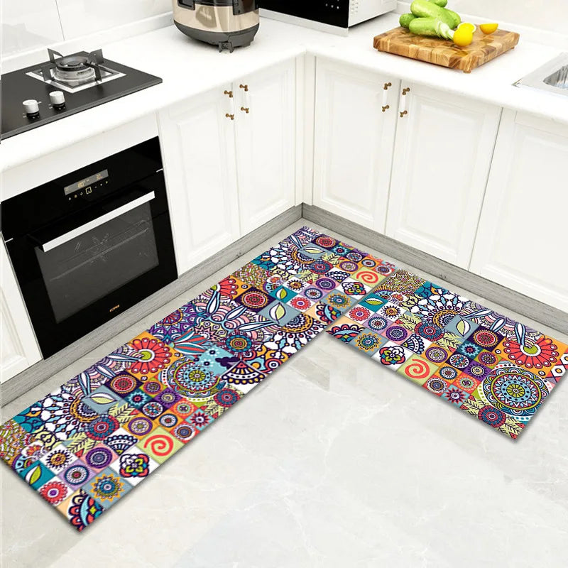 Customizable Kitchen Felt Floor Mat Oil-proof Water-proof and Anti-slip BOHO Style Color Block Design Rug for Bathroom Decor