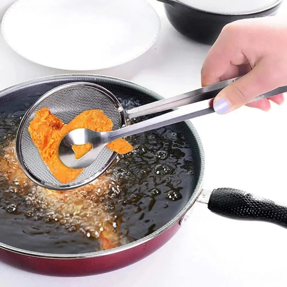 Best Seller Frying Tongs Multifunctional Spoon Stainless Steel Oil Filter Frying Strainer Kitchen Utensils