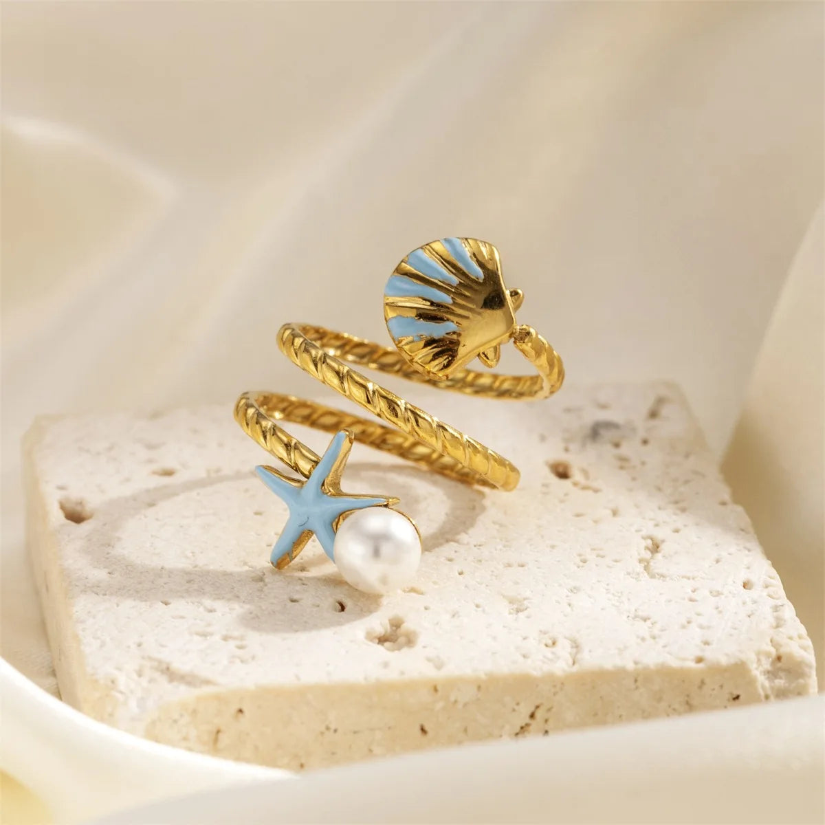 Summer Series 18K Gold Plated Stainless Steel Shell Ring  Blue Shell Freshwater Pearl Ring Fashion Jewelry Wholesale Factory