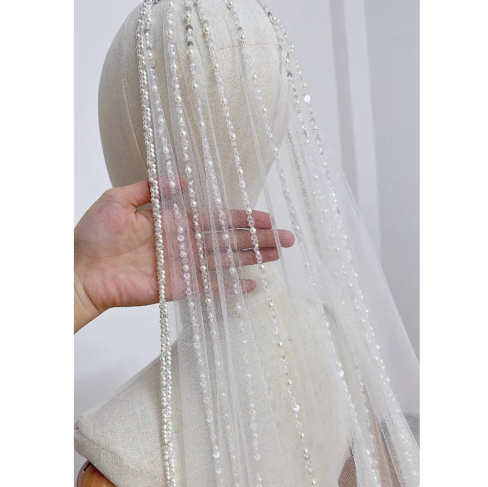 QUEENSGOWN Custom Gorgeous Handmade Crystal Beaded Wedding Veil Initial Embroidery Text Bridal Veil Pearl Beads Trim Bridal Veil