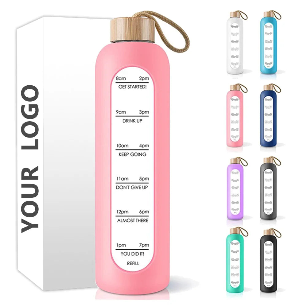 Gym Inspirational Aquarius 32 oz Sports Eco Friendly Motivational Bamboo Lid Glass 1l Water Bottle with Time Marker to Drink