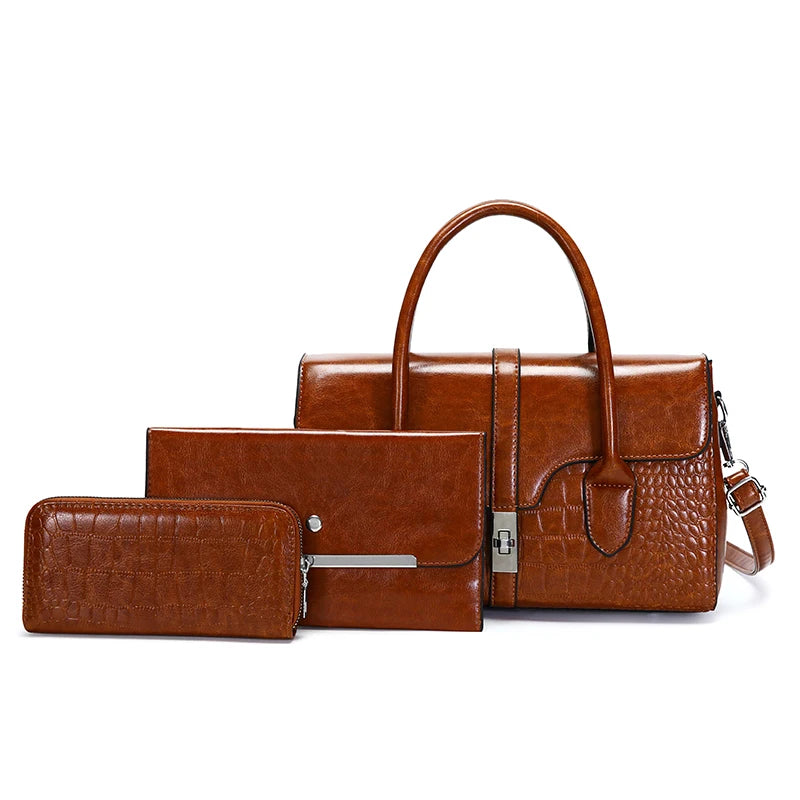 New Fashion Alligator Pu Leather Handbags Lady Classic Large Capacity Bags Luxury Design Handbags and Wallet 3 Pcs Set for Women