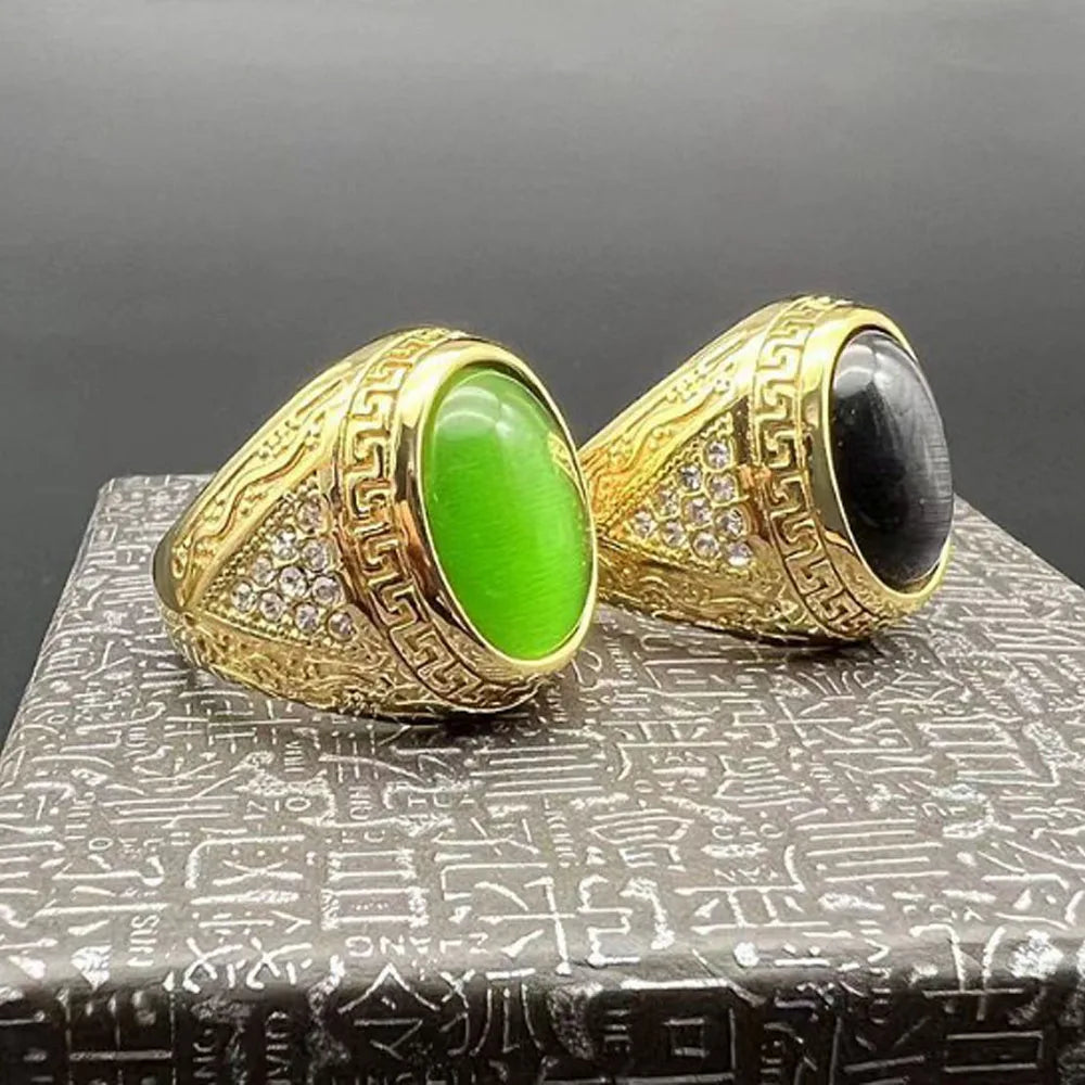 Trendy Party Wedding Stainless Steel Rhinestone Beads Iced Out Paved Cat's Eye Hip Hop Ring Finger Rings Jewelry for Men