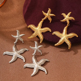 Romantic Double Sea Starfish Big Dangling Earrings Women Pvd Waterproof 18k Gold Plated Stainless Steel Sea Jewelry Wholesale