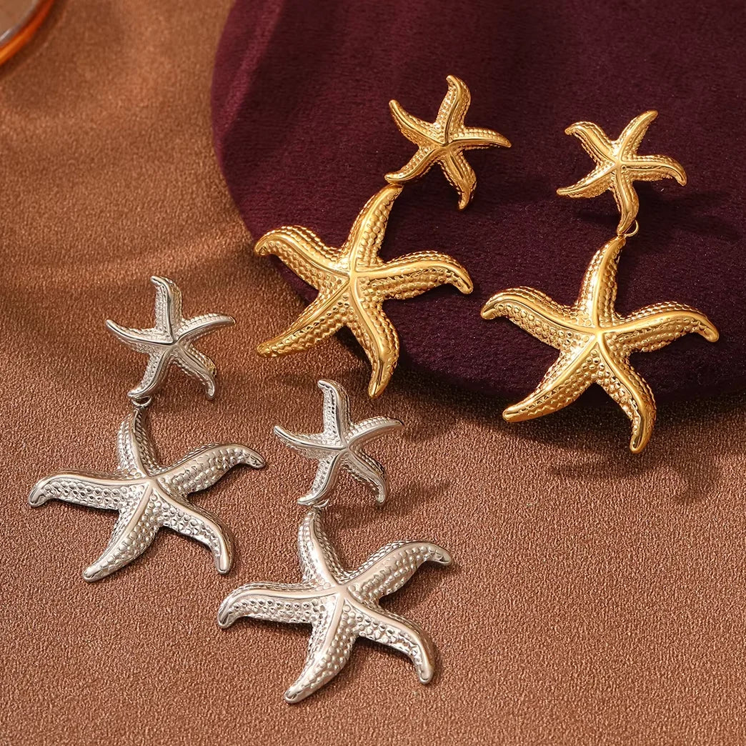 Romantic Double Sea Starfish Big Dangling Earrings Women Pvd Waterproof 18k Gold Plated Stainless Steel Sea Jewelry Wholesale