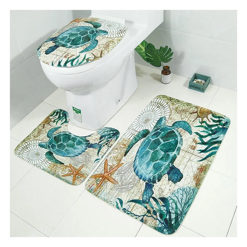 Turtle Octopus Printing Toilet Floor Mat Three-piece Flannel Non-slip Bath Mat Set Bathroom