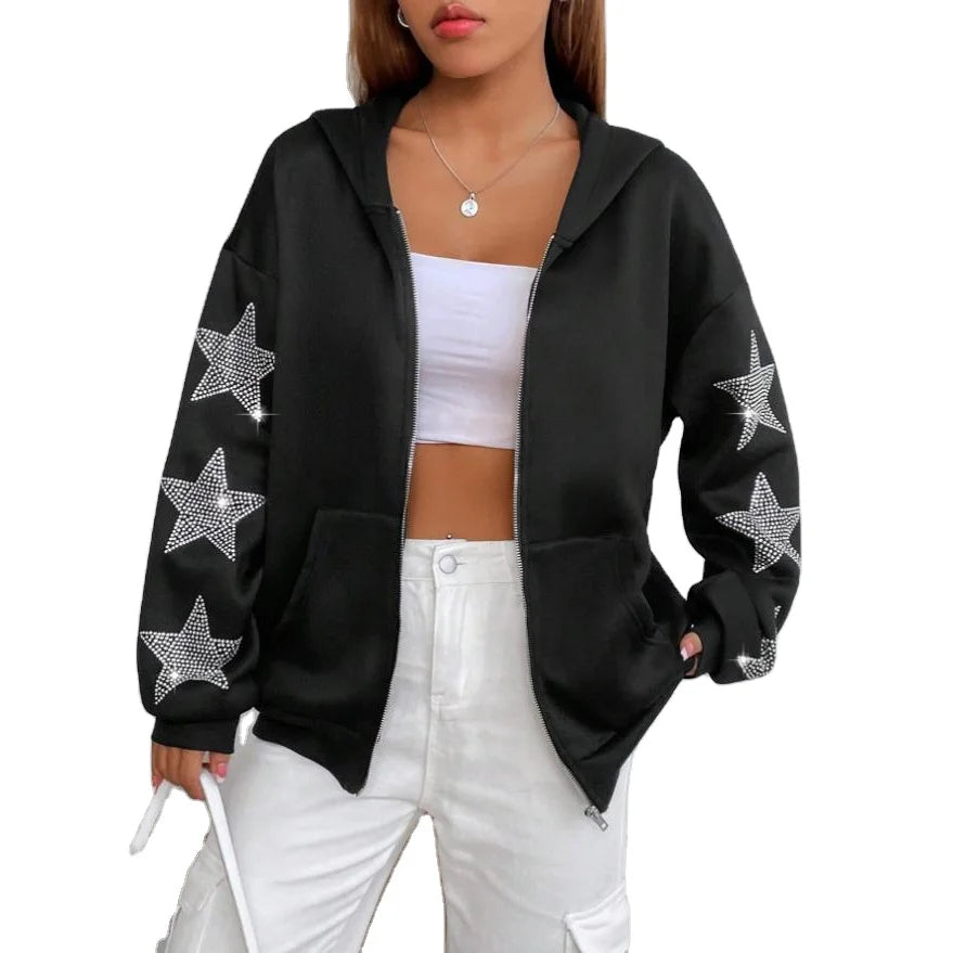 Top Fashion High Quality 100% Cotton Fleece Zip up Hoodie Custom logo Shiny Diamond Rhinestone Zipper Hoodie for Women