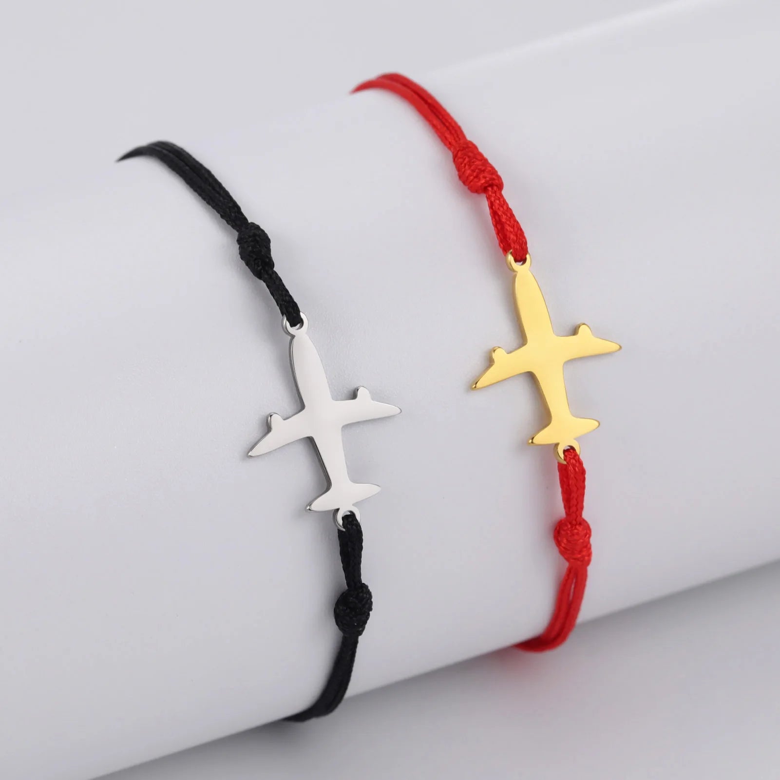 Handmade Stainless Steel Airplane Pendant on Waxed Line Bracelet Simple Fashion Charm Accessory