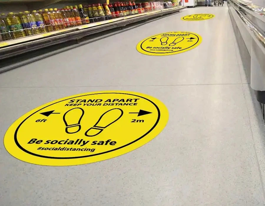 Custom Printing Decorative 6 Feet Keep Distance Sign Store Ground Decals Anti-slip Safety Notice Waterproof Floor Stickers