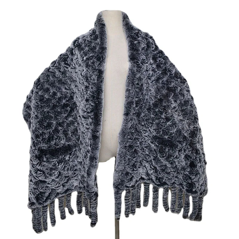 MWfur Rex Rabbit Fur Shawl for Women Winter Thicken Premium Hand Knitted Long Scarf with Fringes Pockets