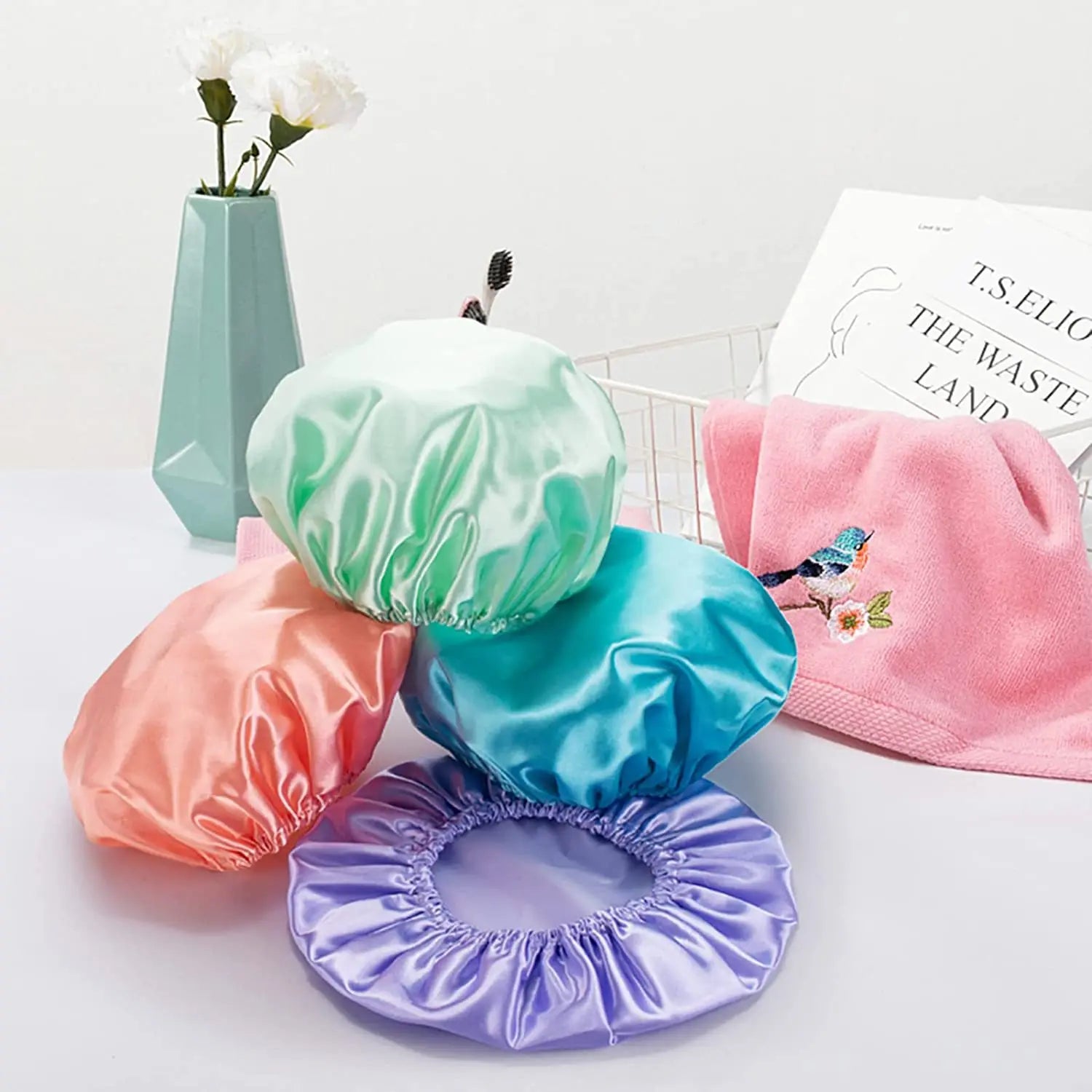 Luxury Double Layer Waterproof Satin Shower Cap Custom Logo Reusable for Women for Daily