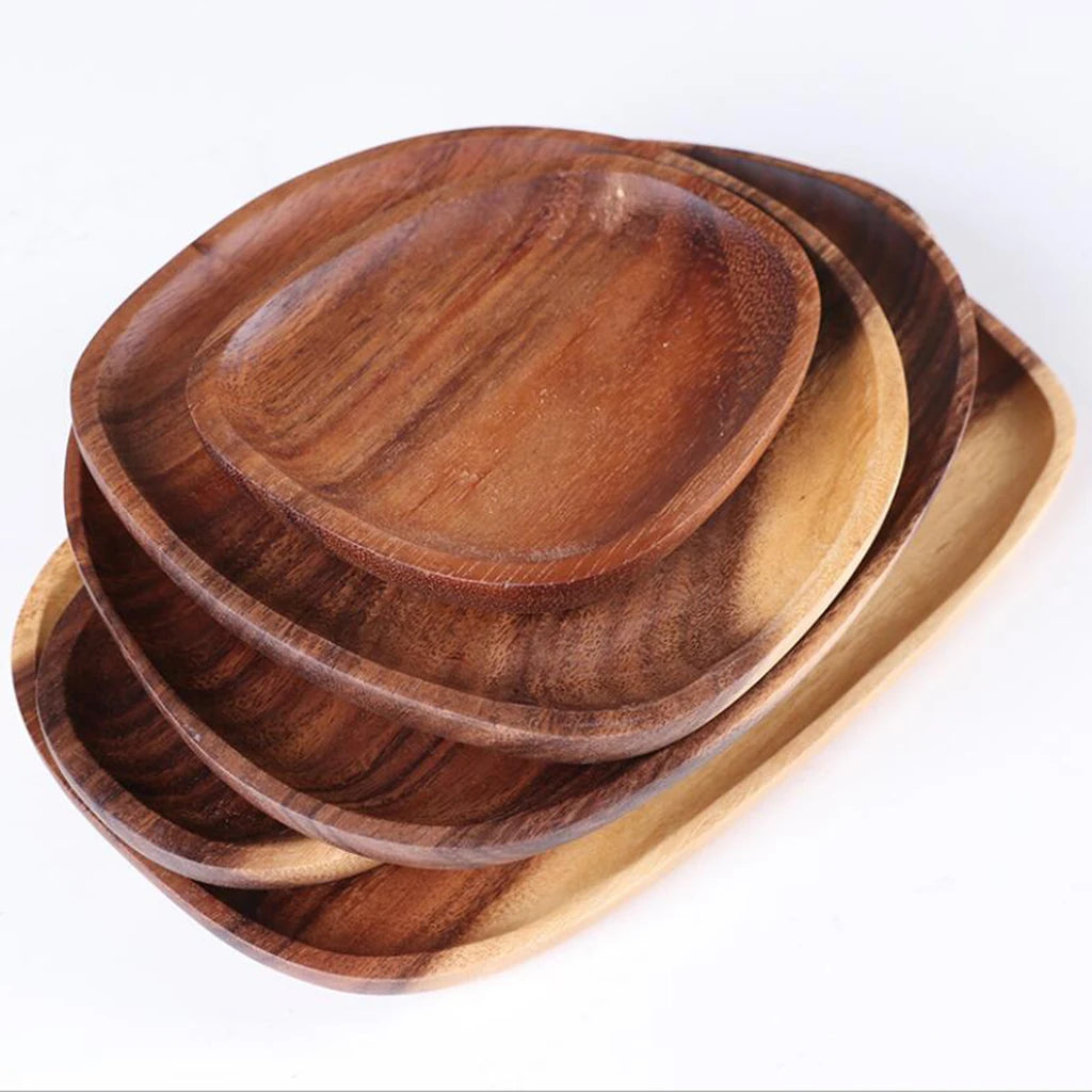 Irregular Solid Whole Acacia Wood Fruit Dishes Saucer Tea Tray Tableware Set Dessert Dinner Breakfast Snack Sushi Wooden Plate MegaBDM