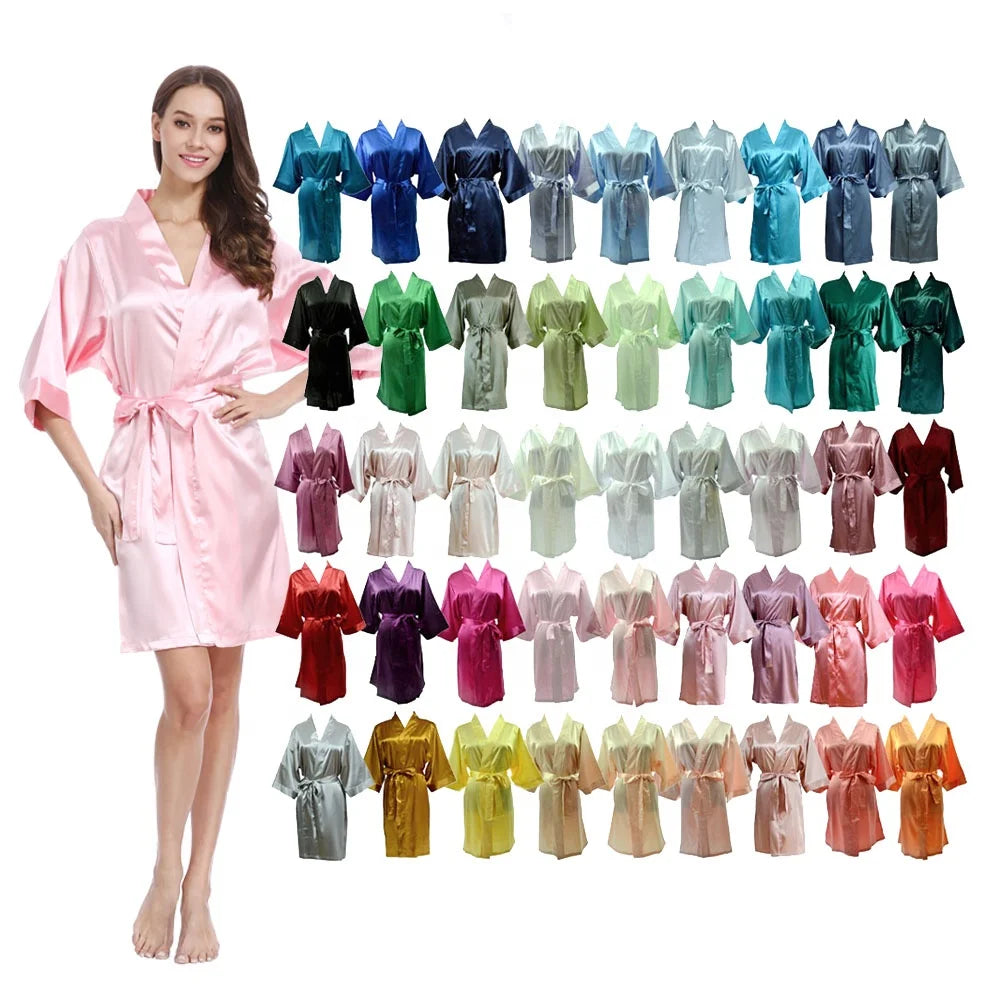 Ready to Ship Wholesale 55 Colors Blank Wedding Silk Satin Kimono Robe Sleeping Dress for Bride Bridesmaid