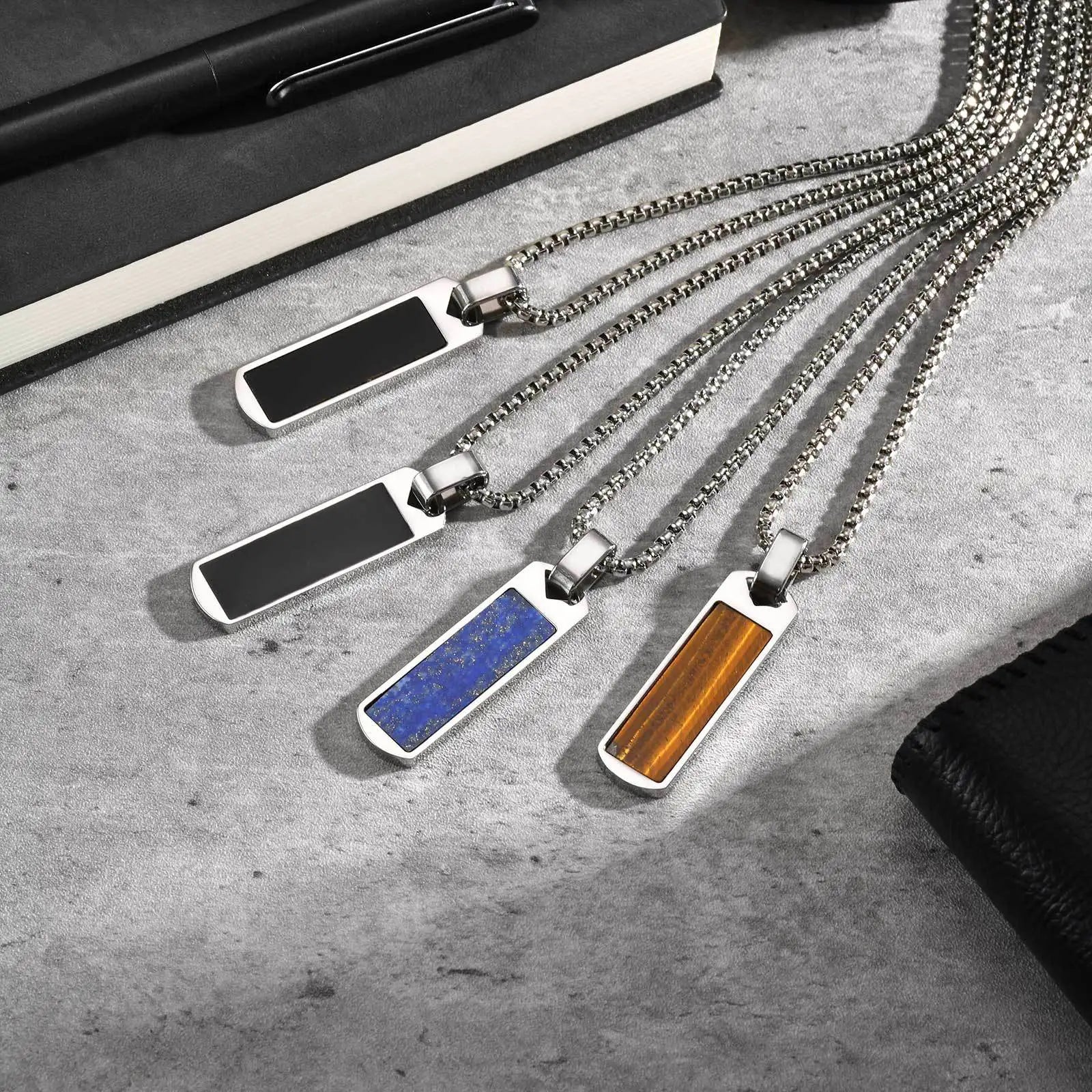 Fashion Male Jewelry Hip Hop Punk Stainless Steel Lapis Lazuli Black Agate Rectangle Pendant Necklace for Men