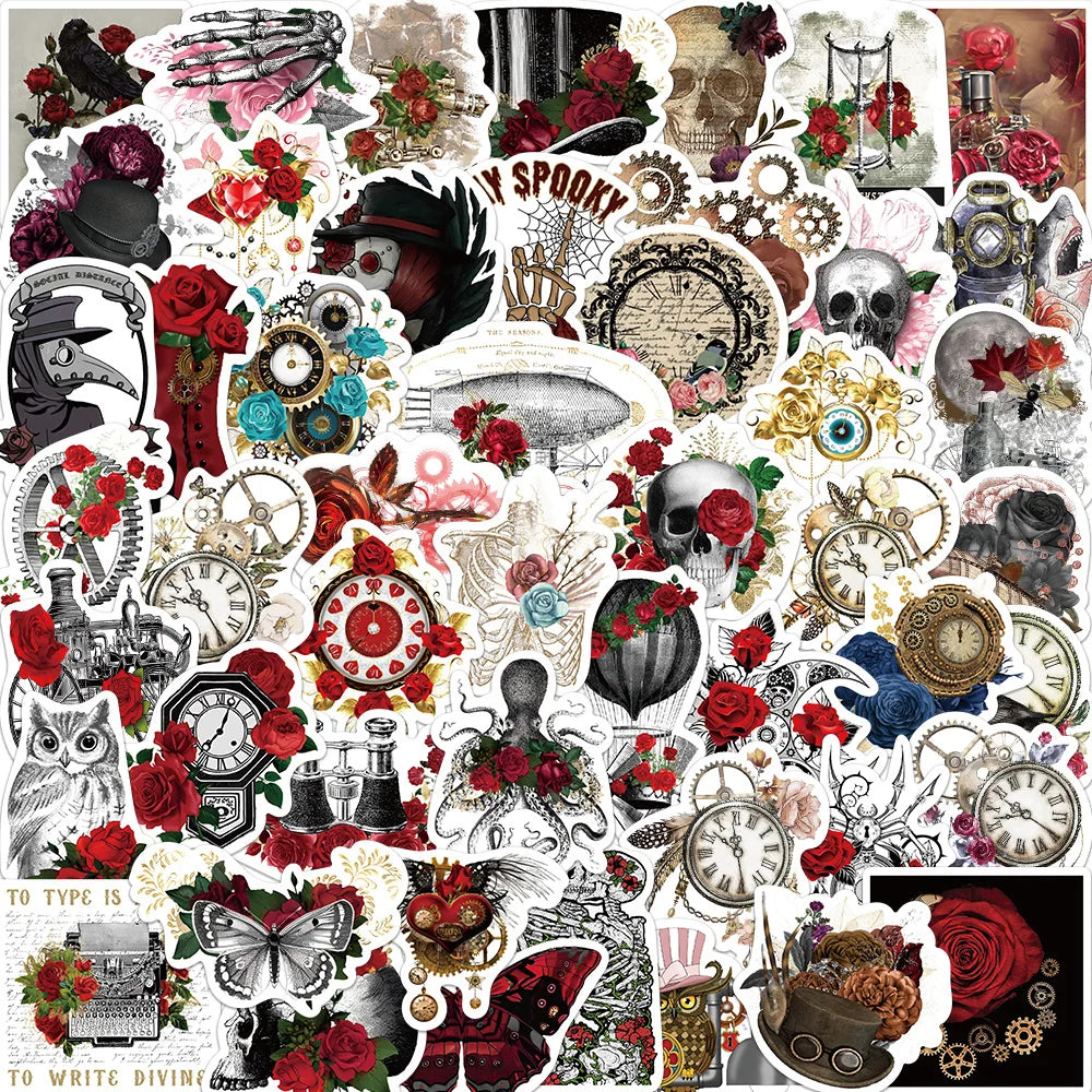50PCS Creative Retro elegant steampunk style vintage clock botanical rose sticker