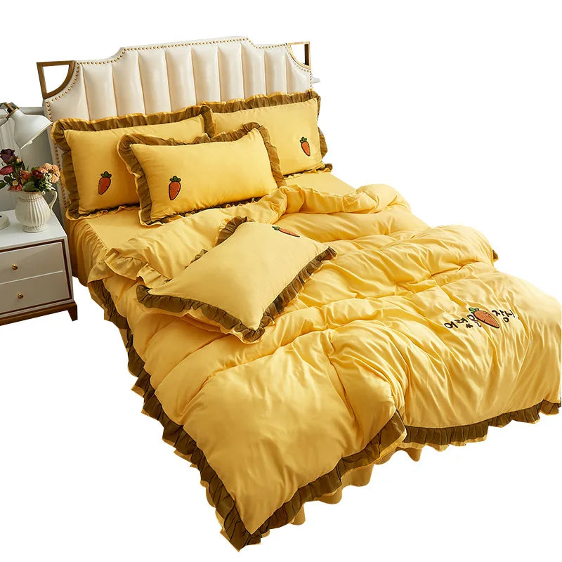 K1253 Carrot Pattern Floral Bed Sheet Cover 4pcs/set Wedding Housewarming Graceful Bedspread Lace Fitted Sheet Bed Cover Skirt