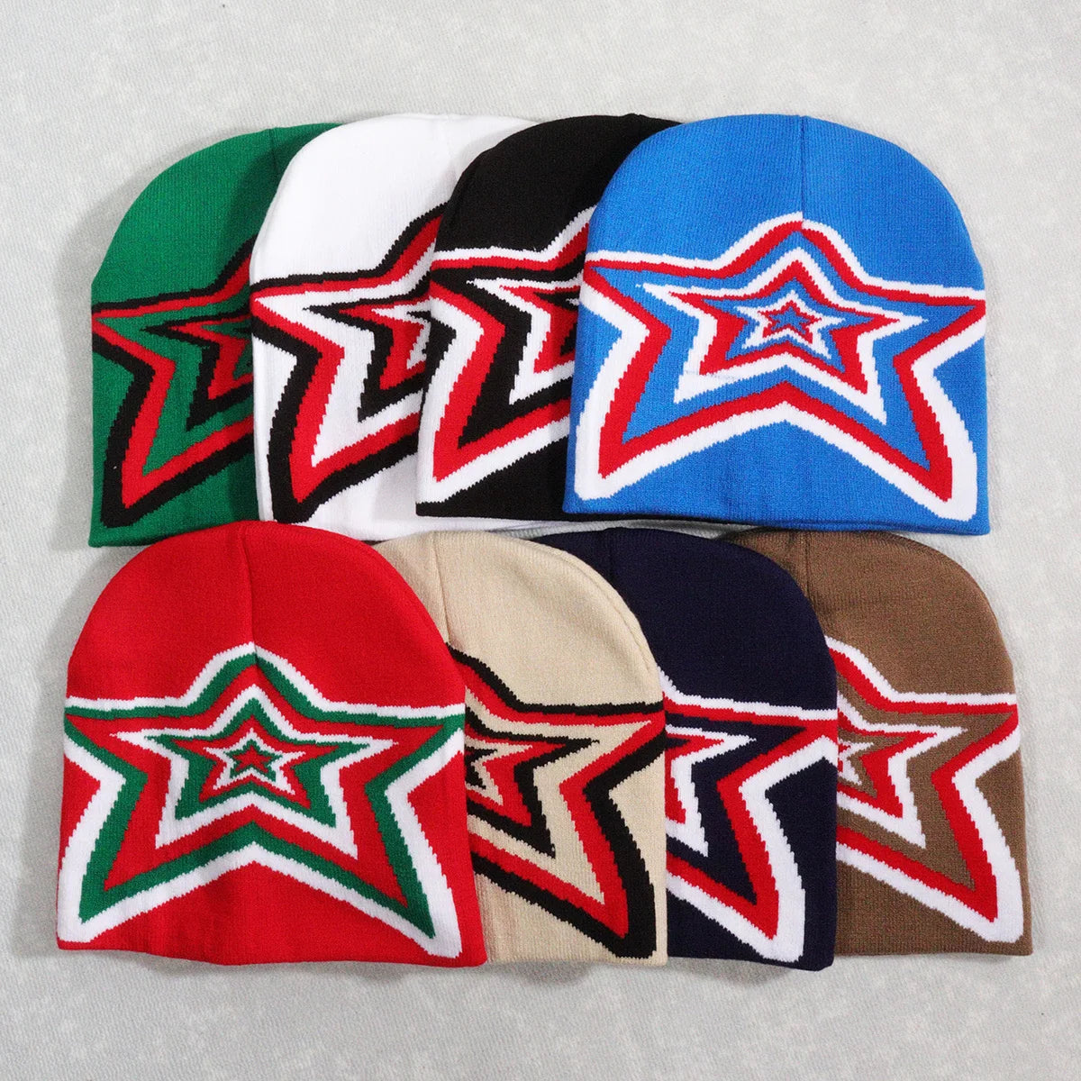 Customized 100% Acrylic Double-Sided Knitted Hat Designer Logo Overlapping Star Pattern Winter Hat for Men Sports Fishing Party