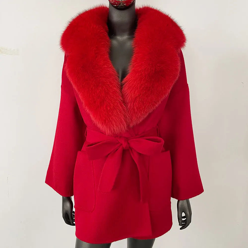 OFTBUY 2025 Winter Fashion Women's Double-Sided Wool Cashmere Coat Detachable Natural Fox Fur Collar New Design Woven Suit