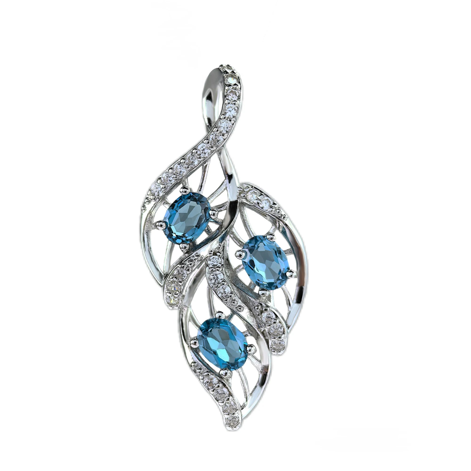 Exquisite Rhodium Plated 925 Sterling Silver Natural London Blue Topaz Leaf Pendant for Women Fine Pendants